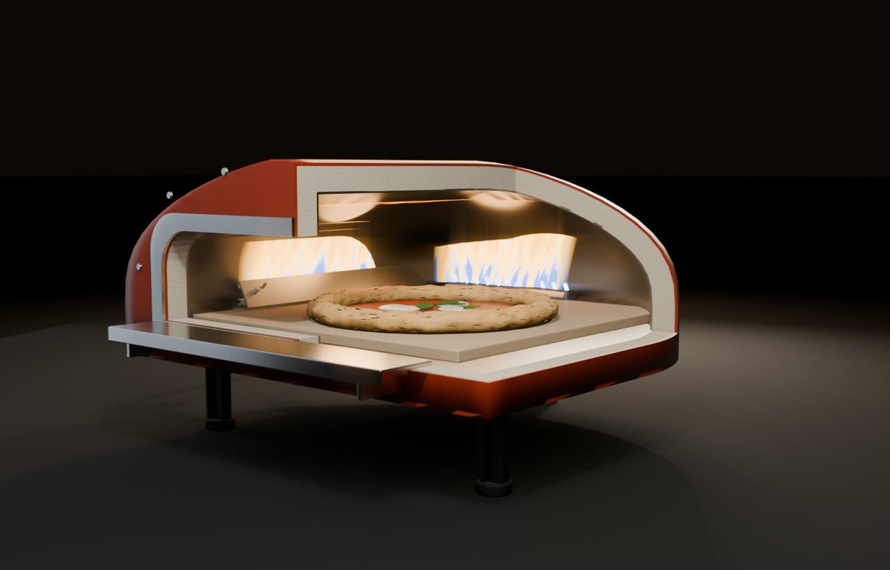 Oven Lab: a red gas pizza oven cut open, flames rolling over the dome, a Margherita on the stone, with controls to ignite, launch and turn the pizza and take the oven apart